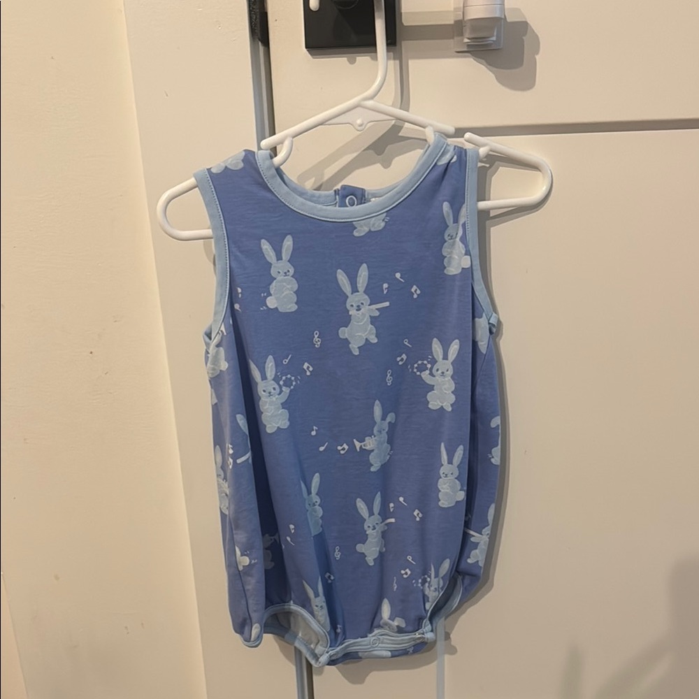 Blue Sleeveless Baby Romper with Bunny Print | The Beaufort Bonnet Company | 2T